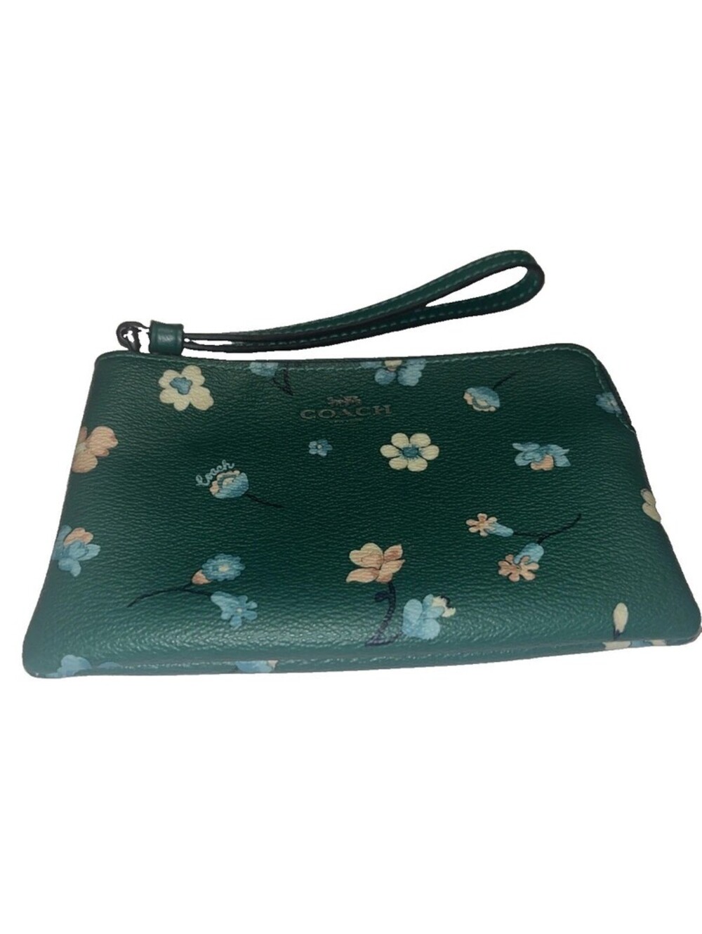 COACH C8701 Green Mystical Floral Print Corner Zip Wristlet Coated Canvas